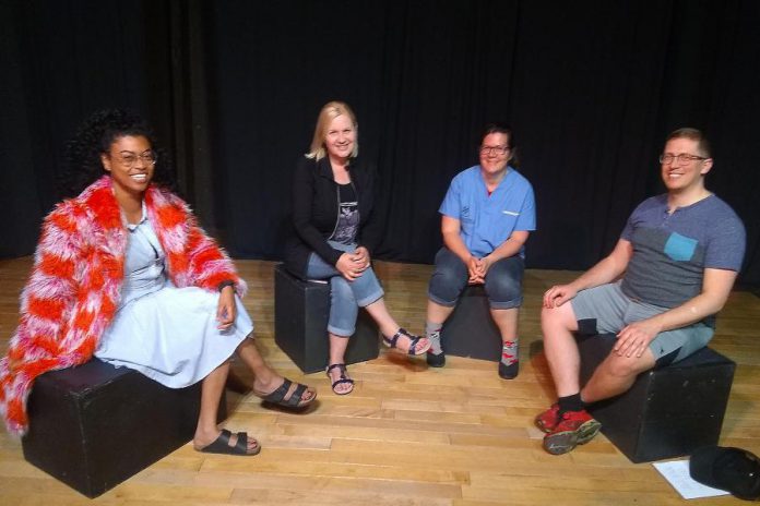 'Code of Conduct - A Sketch Comedy Revue' is a series of short sketches written and performed by (left to right) Rebecca Bloom, Heather McCullough, Miranda Warren, and Dave Cave. From small-town interactions to flirting miscommunications, this show parodies those painful moments we all feel when living under social codes. The show runs for four performances at Lindsay Little Theatre on June 14th and 15th and June 21st and 22nd. (Photo: Sam Tweedle / kawarthaNOW.com)