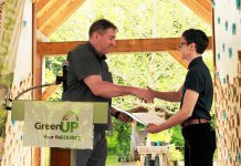 Peterborough—Kawartha MPP Dave Smith presents a certificate to GreenUP executive director Brianna Salmon at an event held at Ecology Park on June 25, 2019, recognizing a $24,900 capital grant provided to GreenUP by the Ontario Trillium Foundation to install a low-water irrigation system at the park. Smith has been appointed parliamentary assistant to the Minister of Energy, Northern Development and Mines and Minister of Indigenous Affairs. (Photo: GreenUP)