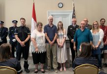 At a ceremony at Kawartha Lakes City Hall in Lindsay on June 21, 2019, Colleen Brandse, Kevin Bell, Shane Troyan, Heather Lively, Patricia Bell, Jack Faulkner, Lynne Johnston, and Mary Dowzer-Verbruggen were recognized for their efforts to help an elderly man who collapsed in Cambray in May. (PHoto courtesy of City of Kawartha Lakes)