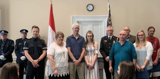 At a ceremony at Kawartha Lakes City Hall in Lindsay on June 21, 2019, Colleen Brandse, Kevin Bell, Shane Troyan, Heather Lively, Patricia Bell, Jack Faulkner, Lynne Johnston, and Mary Dowzer-Verbruggen were recognized for their efforts to help an elderly man who collapsed in Cambray in May. (PHoto courtesy of City of Kawartha Lakes)
