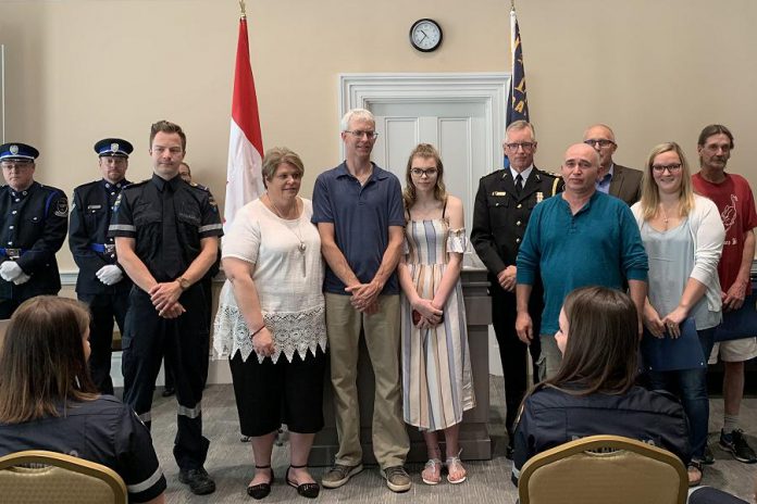 At a ceremony at Kawartha Lakes City Hall in Lindsay on June 21, 2019, Colleen Brandse, Kevin Bell, Shane Troyan, Heather Lively, Patricia Bell, Jack Faulkner, Lynne Johnston, and Mary Dowzer-Verbruggen were recognized for their efforts to help an elderly man who collapsed in Cambray in May. (PHoto courtesy of City of Kawartha Lakes)