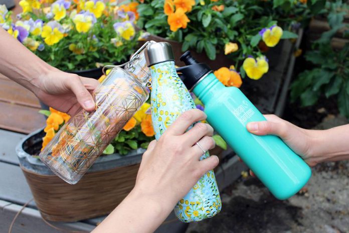 There are many reusable water bottle options to suit your own personal and family’s needs and to fit your environmental goals for a waste-free lifestyle! Glass Soul bottles, and stainless steel S’well or Klean Kanteen options are available at the GreenUP Store. (Photo courtesy of GreenUP)