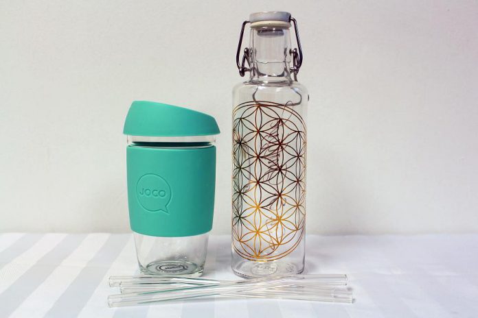 Glass water bottles, cups, and straws are sustainable options that are easy to keep clean and can last a lifetime if handled with care. These options are available at the GreenUP Store. (Photo courtesy of GreenUP)