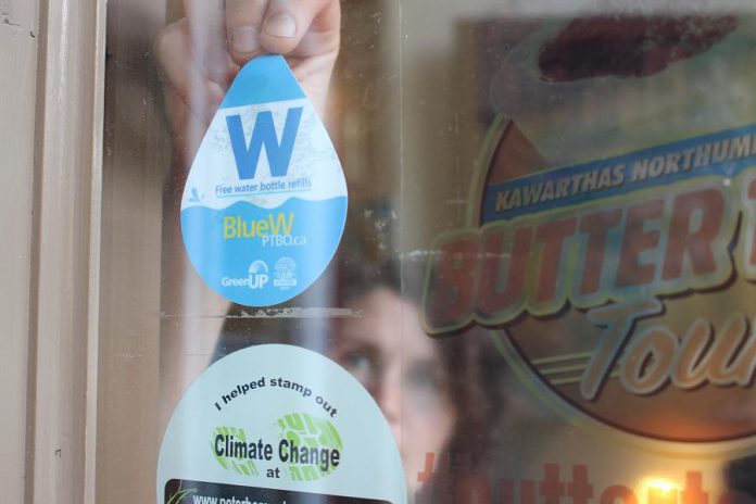 Thanks to funding from Peterborough Utilities, you can look for BlueWPtbo window decals on local businesses and community buildings where fresh and clean tap water can be accessed for free, so that you can refill your reusable bottle when you’re out and about. (Photo courtesy of GreenUP)