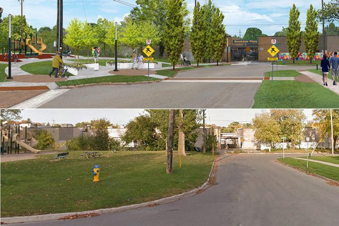 The top image is a 3D rendering of Dominion Park in the Jackson Park Brookdale Neighbourhood featuring residents' vision for enhancement such as more lighting, places to rest, shade, and accessible access to the park. The bottom image is a photo of the same area from Google Maps. 