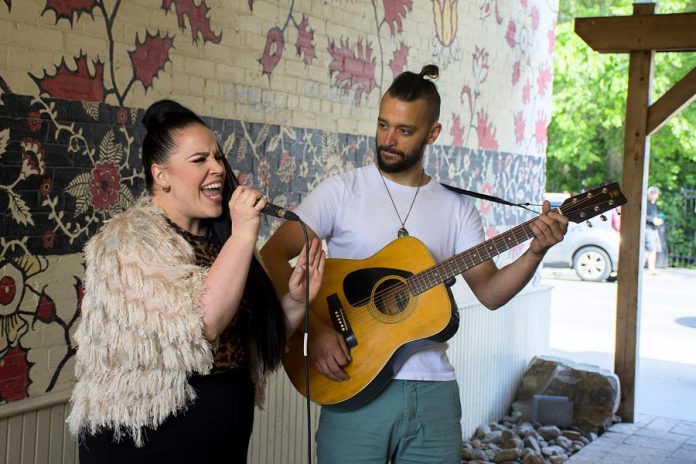 Toronto singer-songwriter and rapper Stacey Kay performs with Jonathan Cullen at the June 25th announcement of the 2019 lineup for the Hootenanny on Hunter Street on Saturday, August 10th. Kay will be performing at 7 p.m. during the 9th annual free music festival. Headliners will be The Jonny Trash Super Group, a collective of various musicians connected with the late Jonathan Hall, who founded the street music festival. (Photo courtesy of Peterborough DBIA)