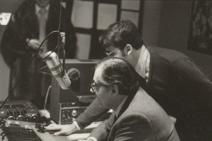 John Muir (right) with Thomas HB Symons, founding president of Trent University, when Trent Radio moved to Lady Eaton College in 1979. (Photo: Trent Radio)