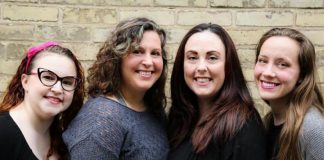In the Peterborough Theatre Guild's production of "The Marvellous Wonderettes: Dream On", Elizabeth Moody, Tonya Bosch, and Natalie Dorsett reprise their roles as Cindy Lou, Betty Jean, and Suzy from the original "The Marvellous Wonderettes" show, and are joined by Gillian Harknett as Missy. The musical runs from July 5 to 20, 2019 at the Guild Hall in Peterborough. (Photo: Wendy Morgan)