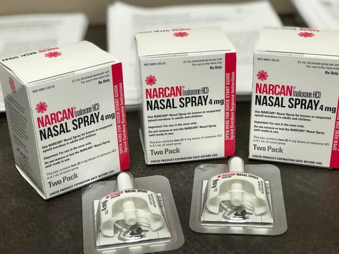Naloxone is a medication used to block the effects of opioids, especially in overdose, and is available as a nasal spray (pictured) or as an injection. The kits to be provided to downtown Peterborough businesses will be the nasal spray versions.
