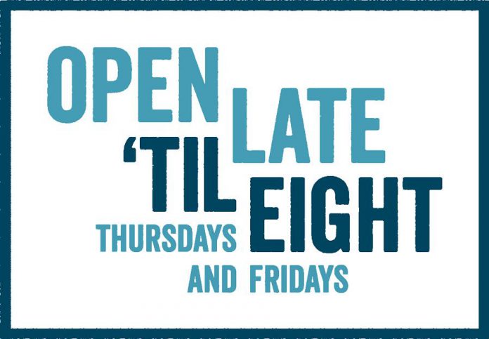 This summer, look for the 'Open Late 'Til Eight' in the windows of retail stores in downtown Peterborough, indicating the store will stay open until 8 p.m. on Thursdays and Fridays. (Graphic: Peterborough DBIA)