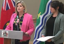 Ontario NDP Leader Andrea Horwath was joined by Peterborough Mayor Diane Therrien on Monday morning (June 10) as she took questions from the media, following a 30-minute private discussion between the two politicians about the growing opioid crisis in the City of Peterborough that has seen an alarming increase in overdoses this year. (Photo: Paul Rellinger / kawarthaNOW)