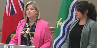 Ontario NDP Leader Andrea Horwath was joined by Peterborough Mayor Diane Therrien on Monday morning (June 10) as she took questions from the media, following a 30-minute private discussion between the two politicians about the growing opioid crisis in the City of Peterborough that has seen an alarming increase in overdoses this year. (Photo: Paul Rellinger / kawarthaNOW)