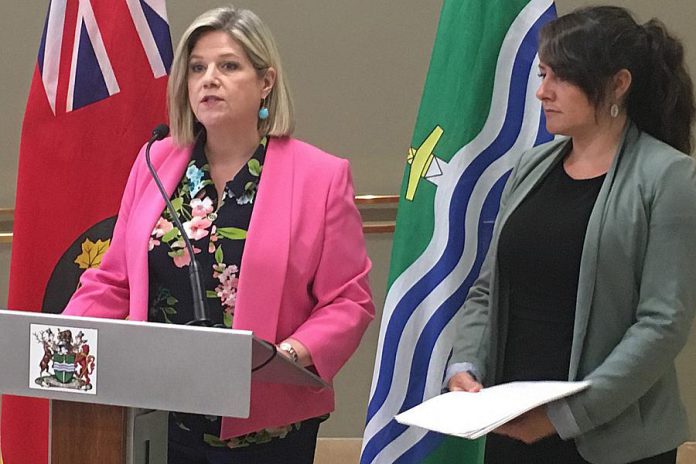 Ontario NDP Leader Andrea Horwath was joined by Peterborough Mayor Diane Therrien on Monday morning (June 10) as she took questions from the media, following a 30-minute private discussion between the two politicians about the growing opioid crisis in the City of Peterborough that has seen an alarming increase in overdoses this year. (Photo: Paul Rellinger / kawarthaNOW)