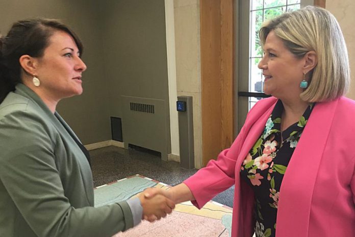 Peterborough Mayor Diane Therrien greeted Ontario NDP Leader Andrea Horwath on Monday morning (June 10) on her arrival at City Hall. The two met privately for 30 minutes to discuss the growing opioid crisis, in particular an alarming rise in overdoses seen this year in Peterborough.  (Photo: Paul Rellinger / kawarthaNOW)