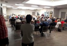 A public meeting regarding the alarming increase in opioid-related deaths and overdoses in Peterborough drew a large crowd on June 12, 2019 at the Lions' Community Centre. Whitepath Consulting and Counselling Services owner Peggy Shaughnessy, PARN (Peterborough AIDS Resource Network) executive director Kim Dolan, and Peterborough Deputy Police Chief Tim Farquharson spoke at the meeting. (Photo: Brock Grills / Facebook)