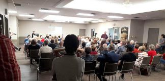 A public meeting regarding the alarming increase in opioid-related deaths and overdoses in Peterborough drew a large crowd on June 12, 2019 at the Lions' Community Centre. Whitepath Consulting and Counselling Services owner Peggy Shaughnessy, PARN (Peterborough AIDS Resource Network) executive director Kim Dolan, and Peterborough Deputy Police Chief Tim Farquharson spoke at the meeting. (Photo: Brock Grills / Facebook)