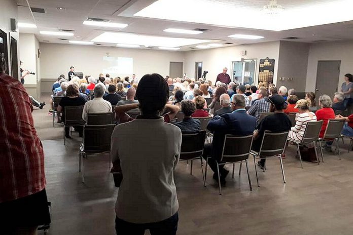 A public meeting regarding the alarming increase in opioid-related deaths and overdoses in Peterborough drew a large crowd on June 12, 2019 at the Lions' Community Centre. Whitepath Consulting and Counselling Services owner Peggy Shaughnessy, PARN (Peterborough AIDS Resource Network) executive director Kim Dolan, and Peterborough Deputy Police Chief Tim Farquharson spoke at the meeting. (Photo: Brock Grills / Facebook)