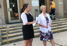 Peterborough Mayor Diane Therrien and Selwyn Deputy Mayor Sherry Senis at Peterborough City Hall on June 18, 2019 announcing the panellists for the upcoming forum on Peterborough's opioid crisis, to be held at the Market Hall in downtown Peterborough on July 11, 2019. (Photo: @MayorPtbo / Twitter)