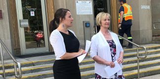 Peterborough Mayor Diane Therrien and Selwyn Deputy Mayor Sherry Senis at Peterborough City Hall on June 18, 2019 announcing the panellists for the upcoming forum on Peterborough's opioid crisis, to be held at the Market Hall in downtown Peterborough on July 11, 2019. (Photo: @MayorPtbo / Twitter)