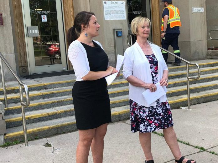 Peterborough Mayor Diane Therrien and Selwyn Deputy Mayor Sherry Senis at Peterborough City Hall on June 18, 2019 announcing the panellists for the upcoming forum on Peterborough's opioid crisis, to be held at the Market Hall in downtown Peterborough on July 11, 2019. (Photo: @MayorPtbo / Twitter)
