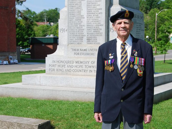 Vetern Wilmer Gagnon attended the announcement of the Avenue of Heroes banner program  at the Memorial Park cenotaph on June 19, 2019. (Photo: April Potter / kawarthaNOW.com)