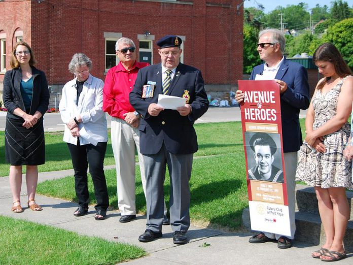 Andre Labrosse, president of Royal Canadian Legion Branch 30, addresses the crowd at the announcement of the Avenue of Heroes banner program at the Memorial Park cenotaph on June 19, 2019. The Rotary of Club of Port Hope and the legion were instrumental in bringing the project to the streets of downtown Port Hope. (Photo: April Potter / kawarthaNOW.com)