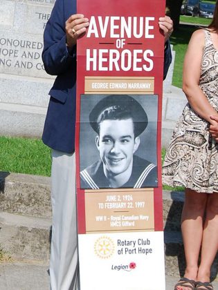 A mock-up of the design for the Avenue of Heroes banner. Each banner will include the veteran's photograph, name, date of birth and date of death (if applicable), and service details. (Photo: April Potter / kawarthaNOW.com)