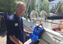 Nick Cliteur, the 49th commander of the Peterborough Power and Sail Squadron, was front and centre on June 7, 2019 at the Marshland Centre in Lakefield as the squadron formally marked its 60th anniversary. A number of past commanders were on hand for the event as the organization celebrated six decades of ensuring on-water safety for vessel operators on waterways throughout Peterborough and the Kawarthas. (Photo: Paul Rellinger / kawarthaNOW)