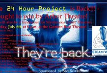 The 24 Hour Project sees local writers, directors, and performers creating and rehearsing five plays with one day, with a public performance of the plays at 8 p.m. on July 6, 2019 at the Gordon Best Theatre in downtown Peterborough. This year's event is also a fundraiser for Mysterious Entity Theatre. (Poster: Arbor Theatre)