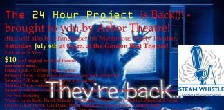 The 24 Hour Project sees local writers, directors, and performers creating and rehearsing five plays with one day, with a public performance of the plays at 8 p.m. on July 6, 2019 at the Gordon Best Theatre in downtown Peterborough. This year's event is also a fundraiser for Mysterious Entity Theatre. (Poster: Arbor Theatre)