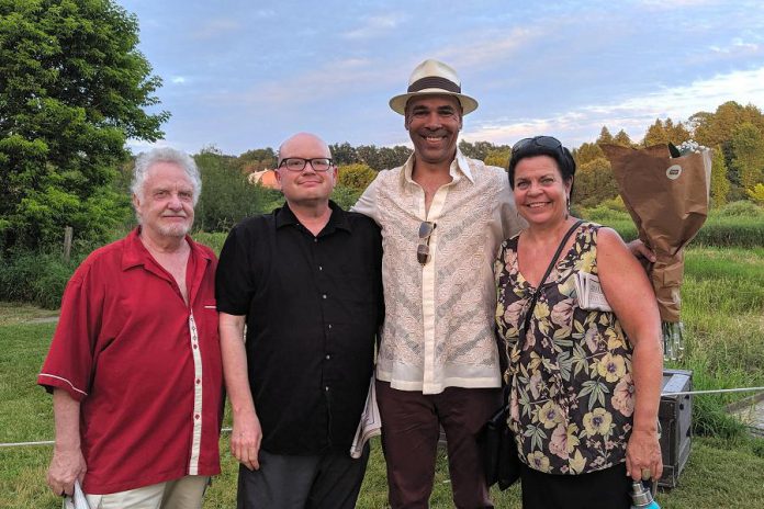 "Bloom: A Rock 'n' Roll Fable" playwright Beau Dixon (second from right) with audience members Randy Read (left, artistic director of New Stages Theatre Company), kawarthaNOW.com theatre reviewer Sam Tweedle, and kawarthaNOW.com publisher Jeannine Taylor. kawarthaNOW.com is proud to be a media sponsor of 4th Line Theatre. (Photo: Bruce Head / kawarthaNOW.com)