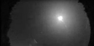 A still from a video of a fireball (upper right) captured by Western University's All-Sky Camera Network at 2:44 a.m. on July 24, 2019. As bright as a full moon (the waning moon is pictured in the lower left), the fireball disintegrated south of Bancroft and is likely to have dropped small meteorites in the area. (Photo: Western University)