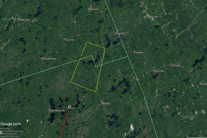 The ground path of the fireball (in red), plus the fall zone where meteorites may be potentially found (rectangle in yellow). Smaller meteorites will be found to the south (closer to the fireball endpoint). (Map: Western University)
