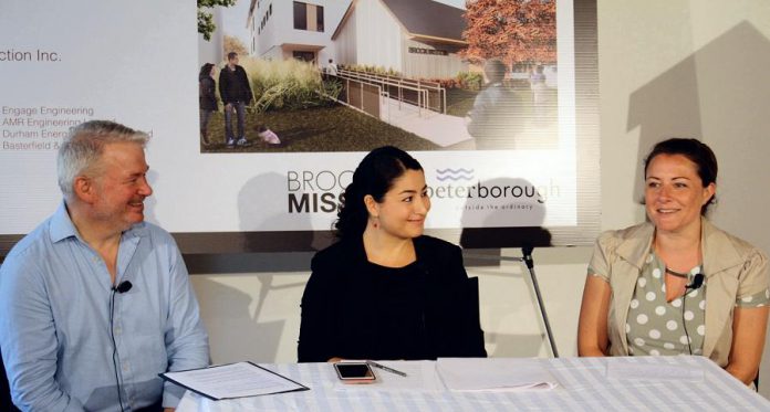 Brock Mission executive director Bill McNabb, Peterborough-Kawartha MP Maryam Monsef, and City of Peterborough Mayor Diane Therrien at the announcement on July 11, 2019 of $5.2 million in federal funding for the new Brock Mission. (Photo: Office of Maryam Monsef)