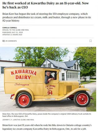 A screenshot of the profile of Kawartha Dairy CEO and general manager Brian Kerr in the Globe and Mail.