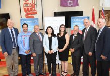 Carbonix president and CEO Paul Pede (third from left) and Peterborough-Kawartha MP Maryam Monsef (fourth from left) at an announcement of $3.1 million in federal funding on July 15, 2019 at Trent University for a clean technology pilot project led by Carbonix Inc., a Canadian indigenous technology company, that aims to use resources more efficiently to reduce pollution and water waste. (Photo: Office of Maryam Monsef)