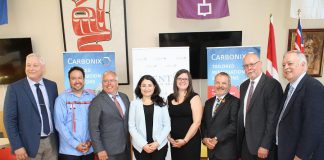 Carbonix president and CEO Paul Pede (third from left) and Peterborough-Kawartha MP Maryam Monsef (fourth from left) at an announcement of $3.1 million in federal funding on July 15, 2019 at Trent University for a clean technology pilot project led by Carbonix Inc., a Canadian indigenous technology company, that aims to use resources more efficiently to reduce pollution and water waste. (Photo: Office of Maryam Monsef)
