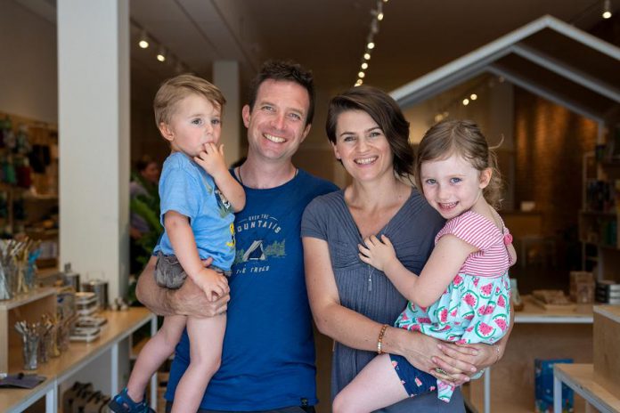 Jonathan and Celine MacKay, owners of Sustain in downtown Peterborough, with their children. (Photo: Joon Kim / Peterborough DBIA)