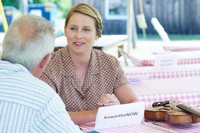 Ennismore musician Melissa Payne, being interviewed by kawarthaNOW's Paul Rellinger, has her acting debut in the role of Audrey Barstow in "Carmel" at 4th Line Theatre in August. (Photo: Bianca Nucaro / kawarthaNOW.com)