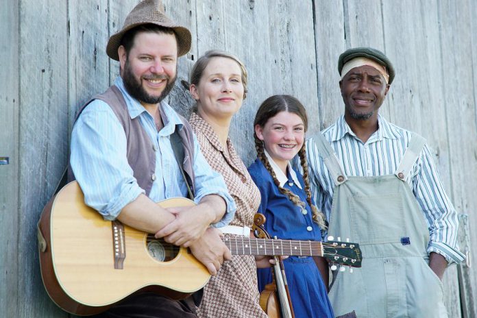 Jonathan Shatzky, Melissa Payne, Asha Hall-Smith, and Danny Waugh at media day on July 24, 2019 for 4th Line Theatre's August production, the world premiere of "Carmel" by Ian McLachlan and Robert Winslow.  (Photo: Bianca Nucaro / kawarthaNOW.com)