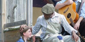 Actors Asha Hall-Smith and Danny Waugh (with Jonathan Shatzky in the background) during media day on July 24, 2019 for 4th Line Theatre's August production, the world premiere of "Carmel" by Ian McLachlan and Robert Winslow. The play, is the third in the Barnardo children series of plays ("Doctor Barnadro's Children" and "Wounded Soldiers") written by McLachlan and Winslow, follows the struggles of a family to hold on to their Cavan Township farm during the Great Depression. (Photo: Bianca Nucaro / kawarthaNOW.com)