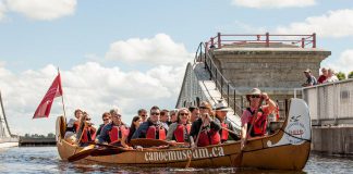 There's lots to do during August at The Canadian Canoe Museum, including the popular Voyageur Canoe Tour, a one-of-a-kind guided tour where you help paddle a 36-foot Montreal canoe along the Trent-Severn Waterway and through the Peterborough Lift Lock. (Photo courtesy of The Canadian Canoe Museum)