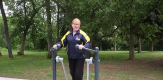 Professor, businesswoman, and Rotarian Donna Geary has passed away at the age of 59. She was a friend of kawarthaNOW publisher Jeannine Taylor, who took this photo of Geary at the official opening of the Rotary outdoor adult gym at Beavermead Park in Peterborough on June 13, 2018. (Photo: Jeannine Taylor / kawarthaNOW.com)
