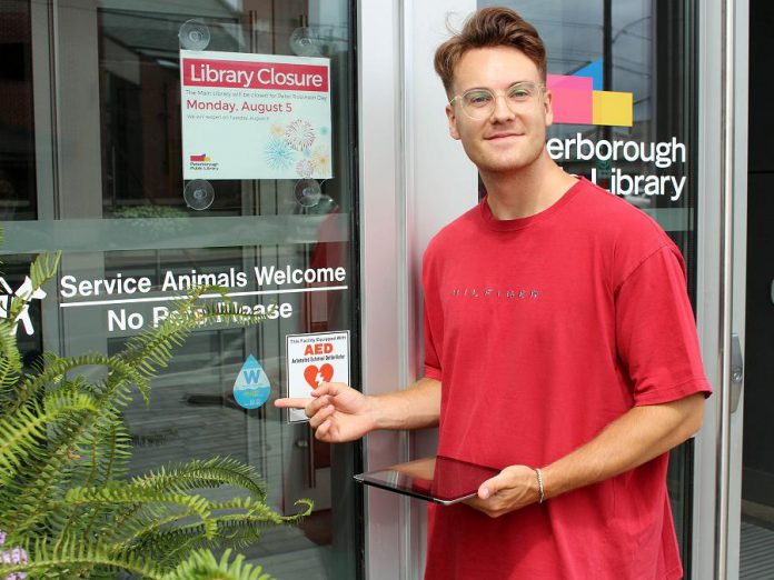 The Peterborough Public Library is one of 78 organizations and businesses in the Kawarthas participating in GreenUP's BlueW program, where you can fill up your reusable water bottle with municipal tap water at no charge. Look for the BlueW sticker, or use the online map at the BlueWPtbo website to find a location where you can fill up. (Photo: Karen Halley)