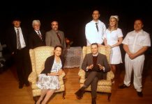 Members of the cast of the Lindsay Little Theatre production of "Harvey", which runs July 5th to 13th: (front to back, left to right): Laura Marshall, John Austin, Jonah Grignon, Bill Fulker, Seamus McCann, Harvey (can YOU see him?), Ian MacLean, Carolyn MacLean, and Ben Whyte. Not pictured: Kelsie McCullough, Logan Gerzymisch, and Heather McCullough. (Photo: Sam Tweedle / kawarthaNOW.com)