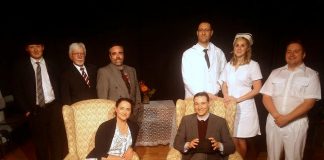 Members of the cast of the Lindsay Little Theatre production of "Harvey", which runs July 5th to 13th: (front to back, left to right): Laura Marshall, John Austin, Jonah Grignon, Bill Fulker, Seamus McCann, Harvey (can YOU see him?), Ian MacLean, Carolyn MacLean, and Ben Whyte. Not pictured: Kelsie McCullough, Logan Gerzymisch, and Heather McCullough. (Photo: Sam Tweedle / kawarthaNOW.com)