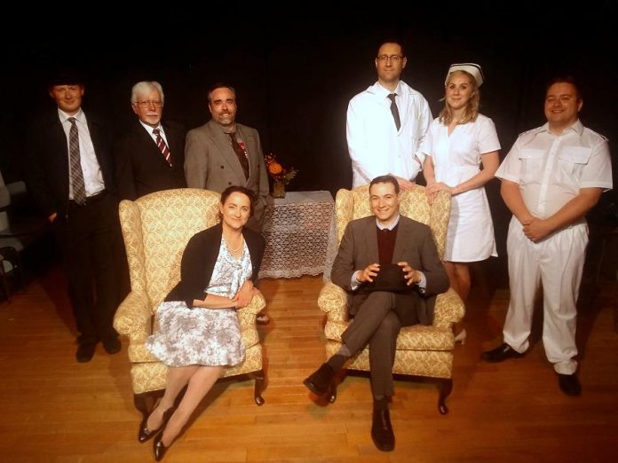 Members of the cast of the Lindsay Little Theatre production of "Harvey", which runs July 5th to 13th: (front to back, left to right): Laura Marshall, John Austin, Jonah Grignon, Bill Fulker, Seamus McCann, Harvey (can YOU see him?), Ian MacLean, Carolyn MacLean, and Ben Whyte. Not pictured: Kelsie McCullough, Logan Gerzymisch, and Heather McCullough. (Photo: Sam Tweedle / kawarthaNOW.com)