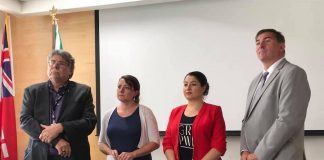 Peterborough Diane Therrien and Peterborough-Kawartha MP Maryam Monsef hosted a meeting at The Mount Community Centre in Peterborough on July 23, 2019 and subsequently released a 10-point plan for a rapid response to the homelessness and housing issue in Peterborough. Peterborough County Warden J. Murray Jones (left) and Peterborough-Kawartha MPP Dave Smith also attended the meeting. (Photo: Office of Maryam Monsef)