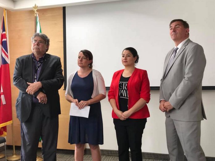 Peterborough Diane Therrien and Peterborough-Kawartha MP Maryam Monsef hosted a meeting at The Mount Community Centre in Peterborough on July 23, 2019 and subsequently released a 10-point plan for a rapid response to the homelessness and housing issue in Peterborough. Peterborough County Warden J. Murray Jones (left) and Peterborough-Kawartha MPP Dave Smith also attended the meeting. (Photo: Office of Maryam Monsef)