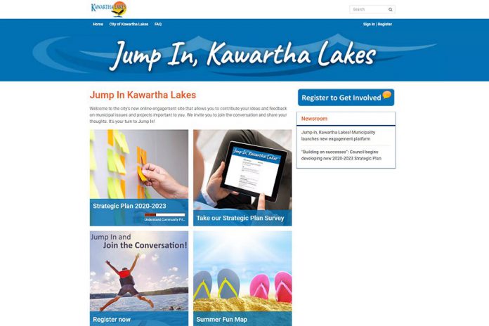 Jump In, Kawartha Lakes is a new online citizen engagement platform offered by the municipality of Kawartha Lakes. The website provides a convenient way for residents to both become informed and to provide feedback through surveys, quick polls, interactive maps, and idea forums. Kawartha Lakes residents are encouraged to register on the platform at jumpinkawarthalakes.ca and complete a survey on the municipality's 2020-2023 Strategic Plan, which will be available until August 1, 2019. (Screenshot)